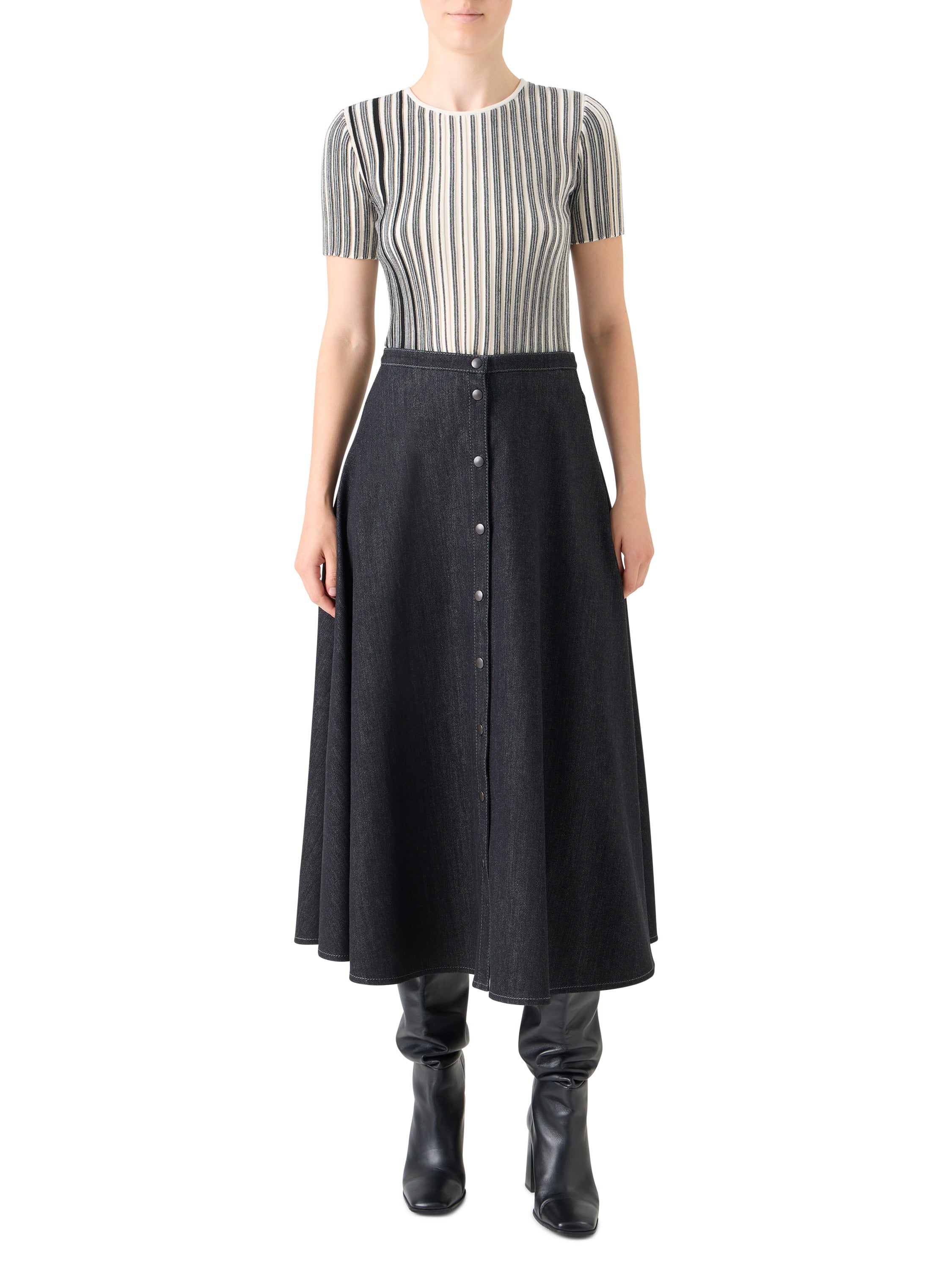 STRIPED RIB KNIT SHORT SLEEVE SWEATER