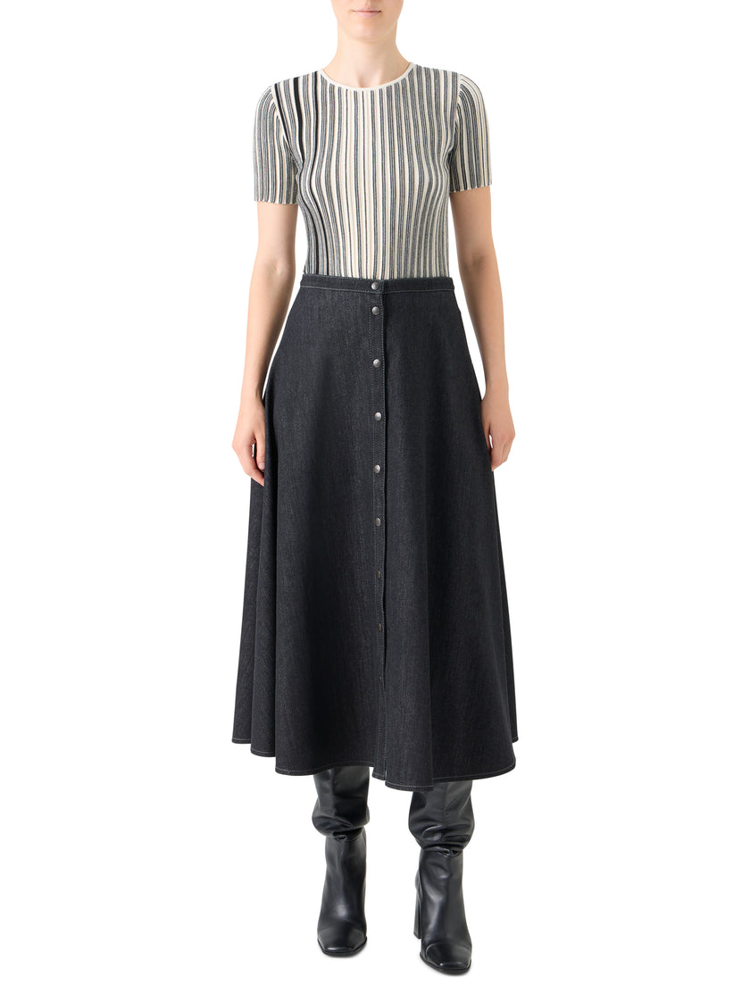 STRIPED RIB KNIT SHORT SLEEVE SWEATER