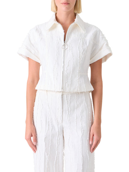 FRINGED DENIM SHORT SLEEVE CROP ZIP JACKET
