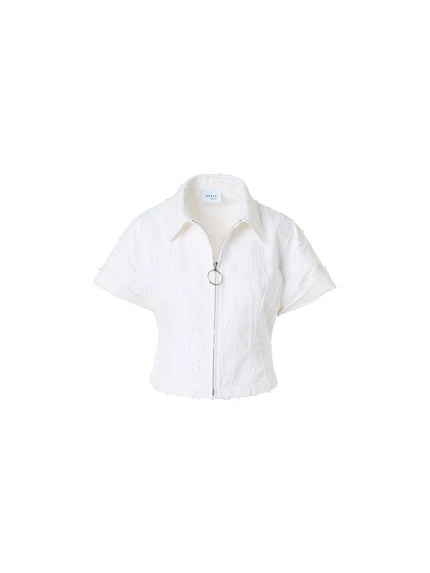 FRINGED DENIM SHORT SLEEVE CROP ZIP JACKET