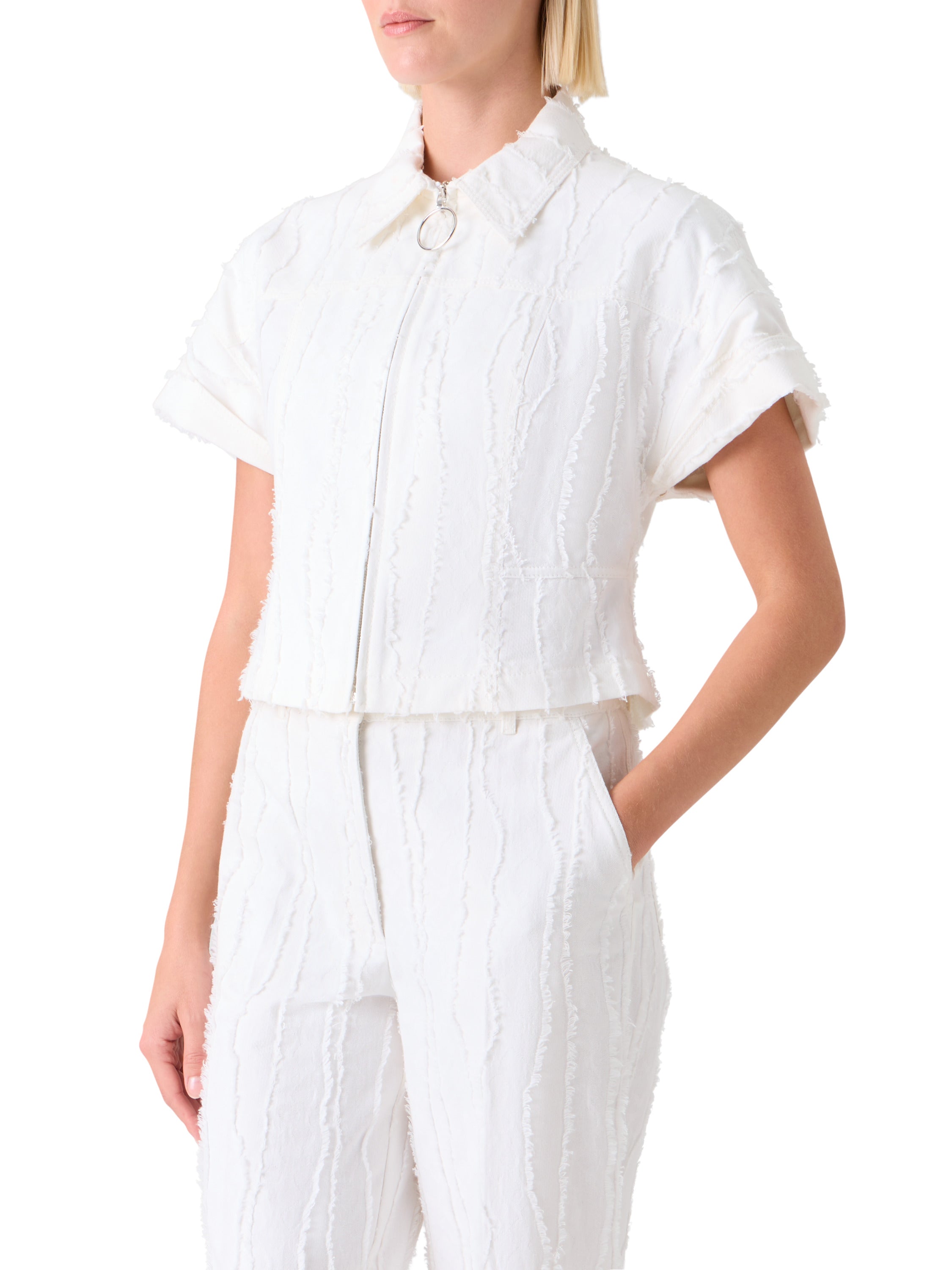 FRINGED DENIM SHORT SLEEVE CROP ZIP JACKET