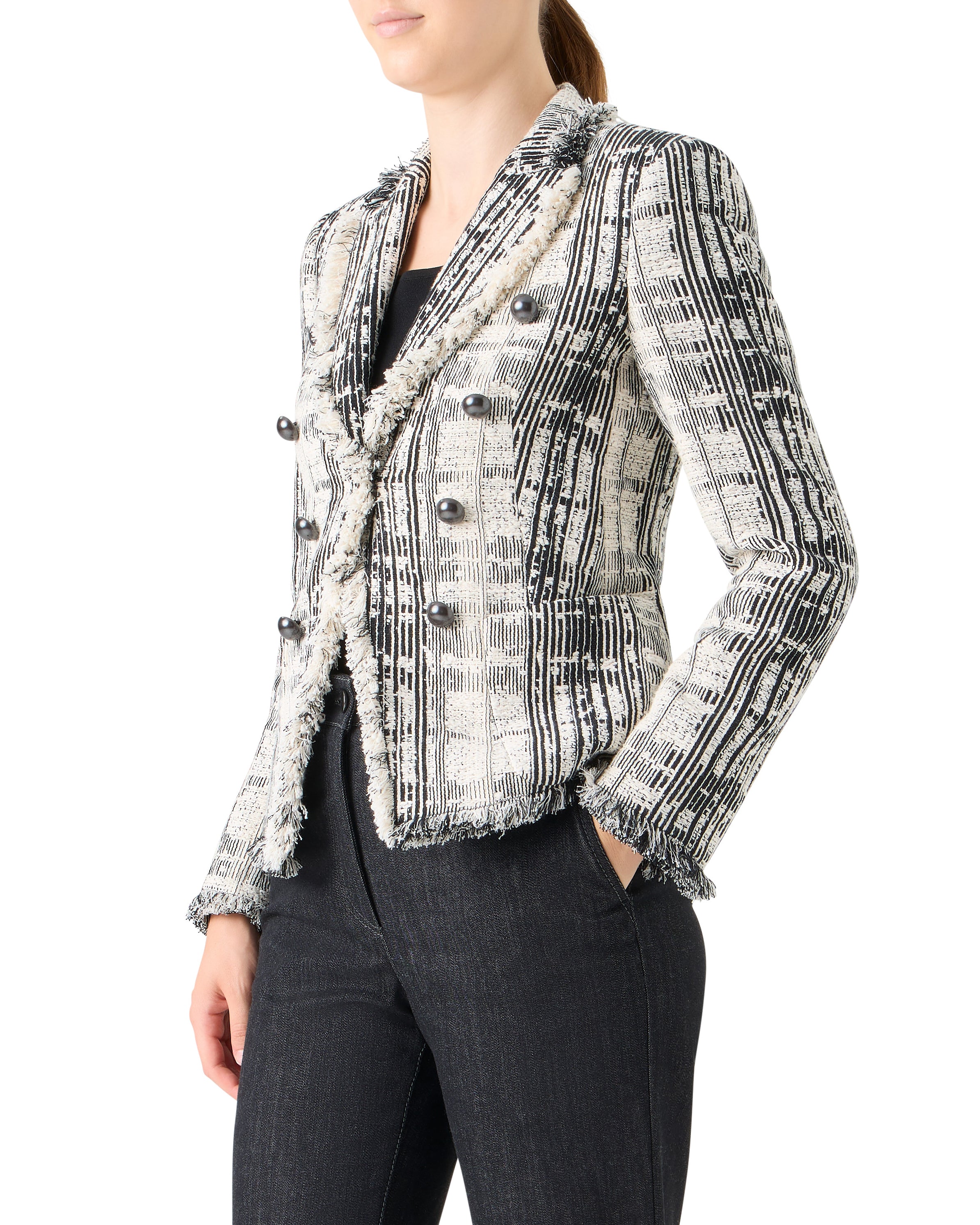 FRINGE BOUCLE TWEED DOUBLE BREASTED BLAZER