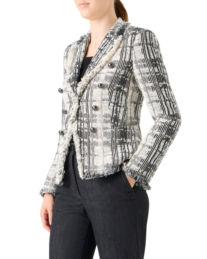 FRINGE BOUCLE TWEED DOUBLE BREASTED BLAZER
