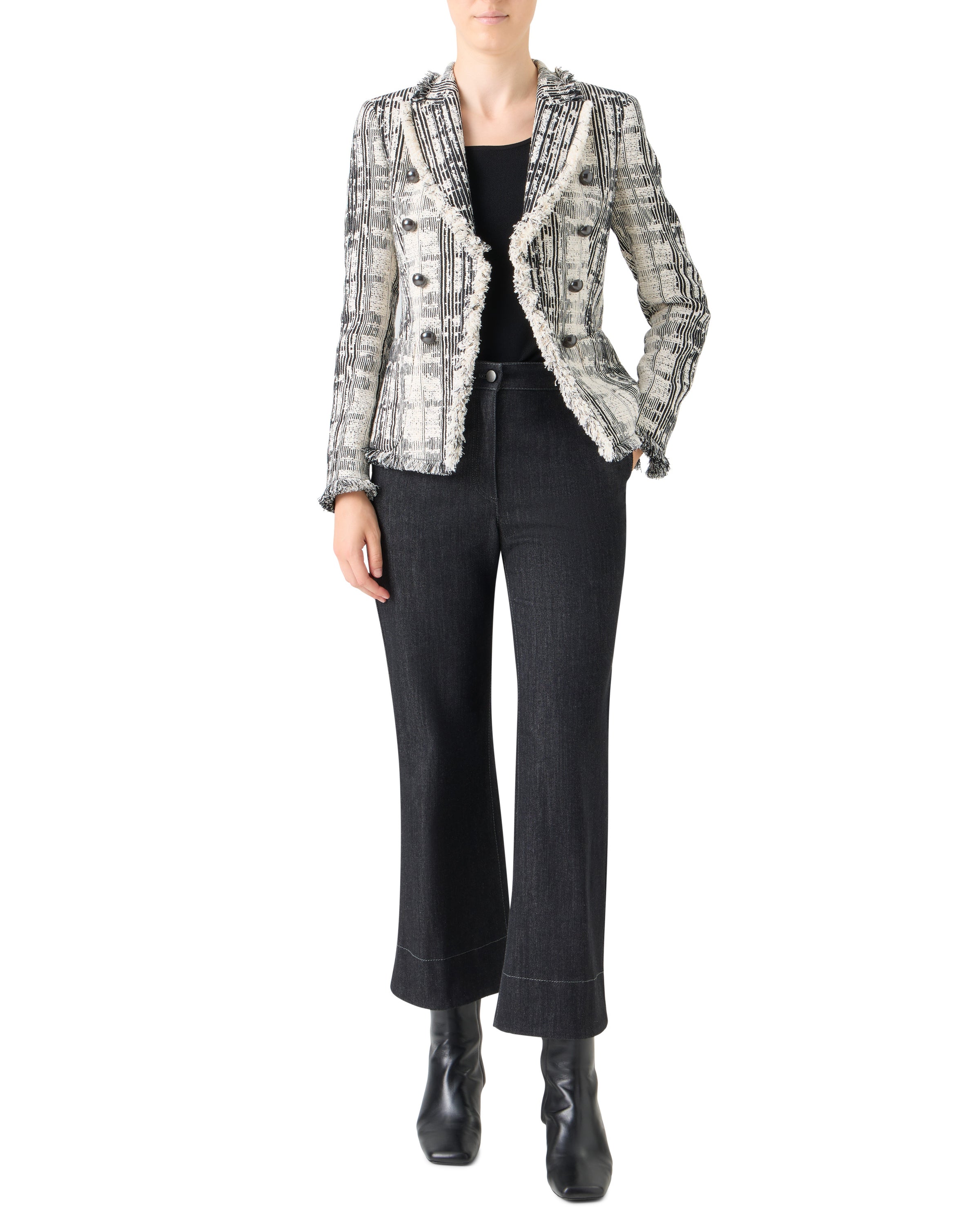 FRINGE BOUCLE TWEED DOUBLE BREASTED BLAZER