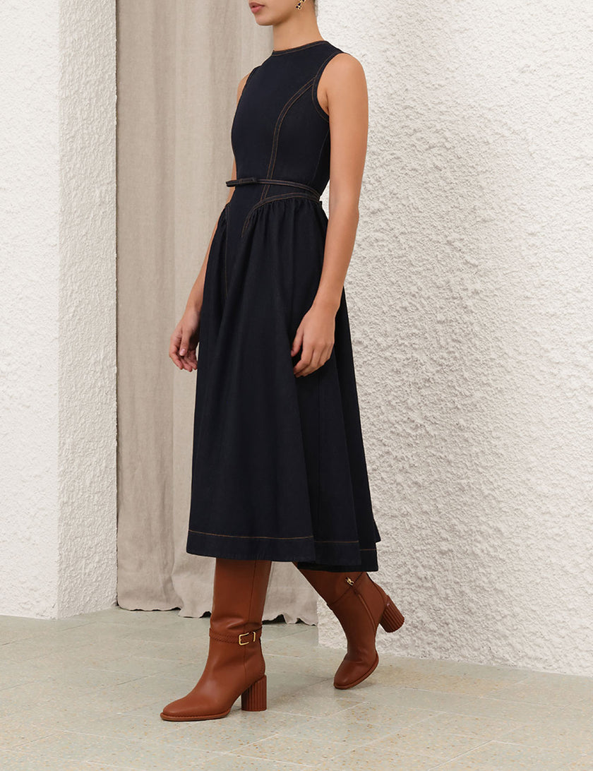 DENIM PANELLED MIDI DRESS