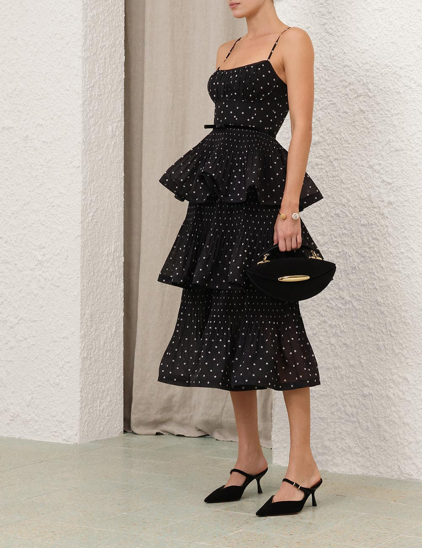 PLEATED TIERED MIDI DRESS