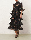 PLEATED SLEEVED MIDI DRESS IN BLACK BIRD PRINT