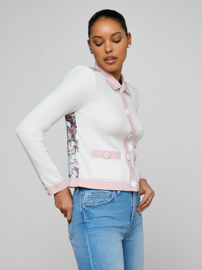NOMI SATIN BACK CARDIGAN IN MULTI BUTTERFLY JUNGLE