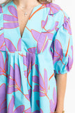 ABSTRACT LEAF SCALLOP VNECK DRESS