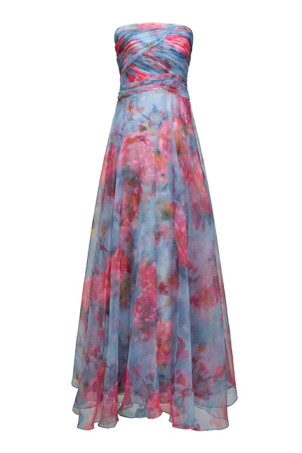 GISELLE STRAPLESS ORGANZA FLORAL PRINT GOWN