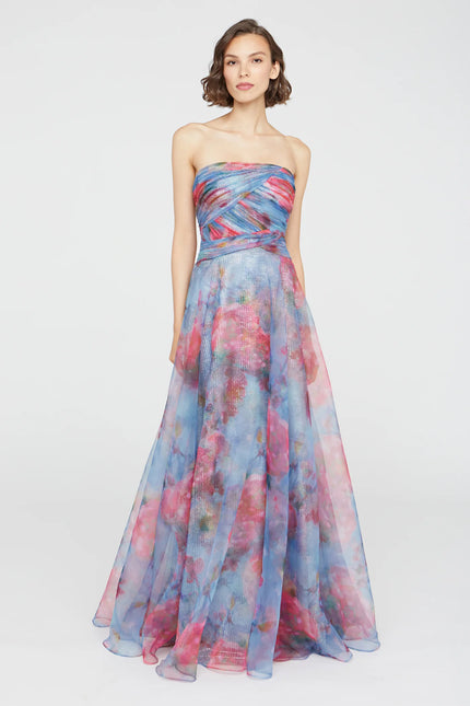 GISELLE STRAPLESS ORGANZA FLORAL PRINT GOWN