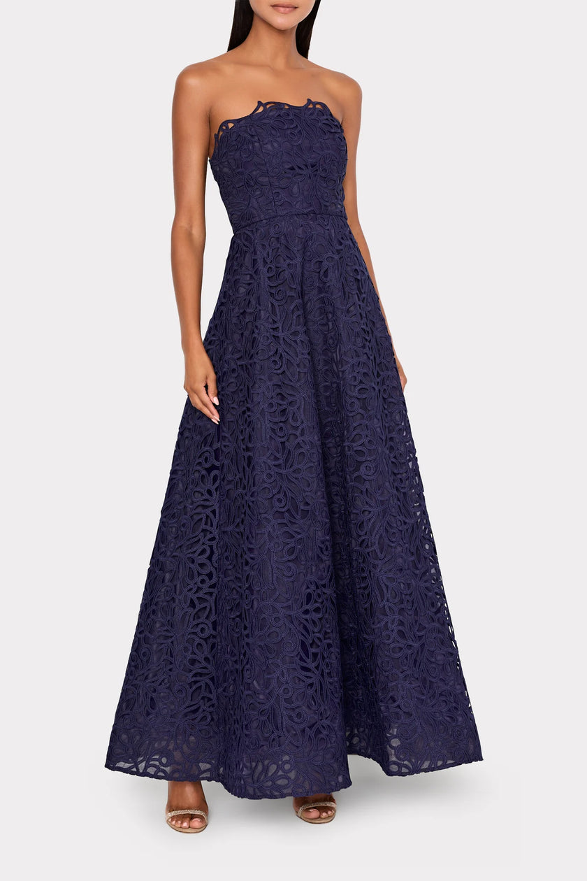 SONJA CURLED LACE STRAPLESS GOWN