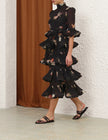 PLEATED SLEEVED MIDI DRESS IN BLACK BIRD PRINT