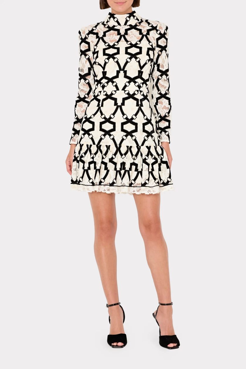 WILLA VELVET FLOCKED LACE MOCK NECK DRESS