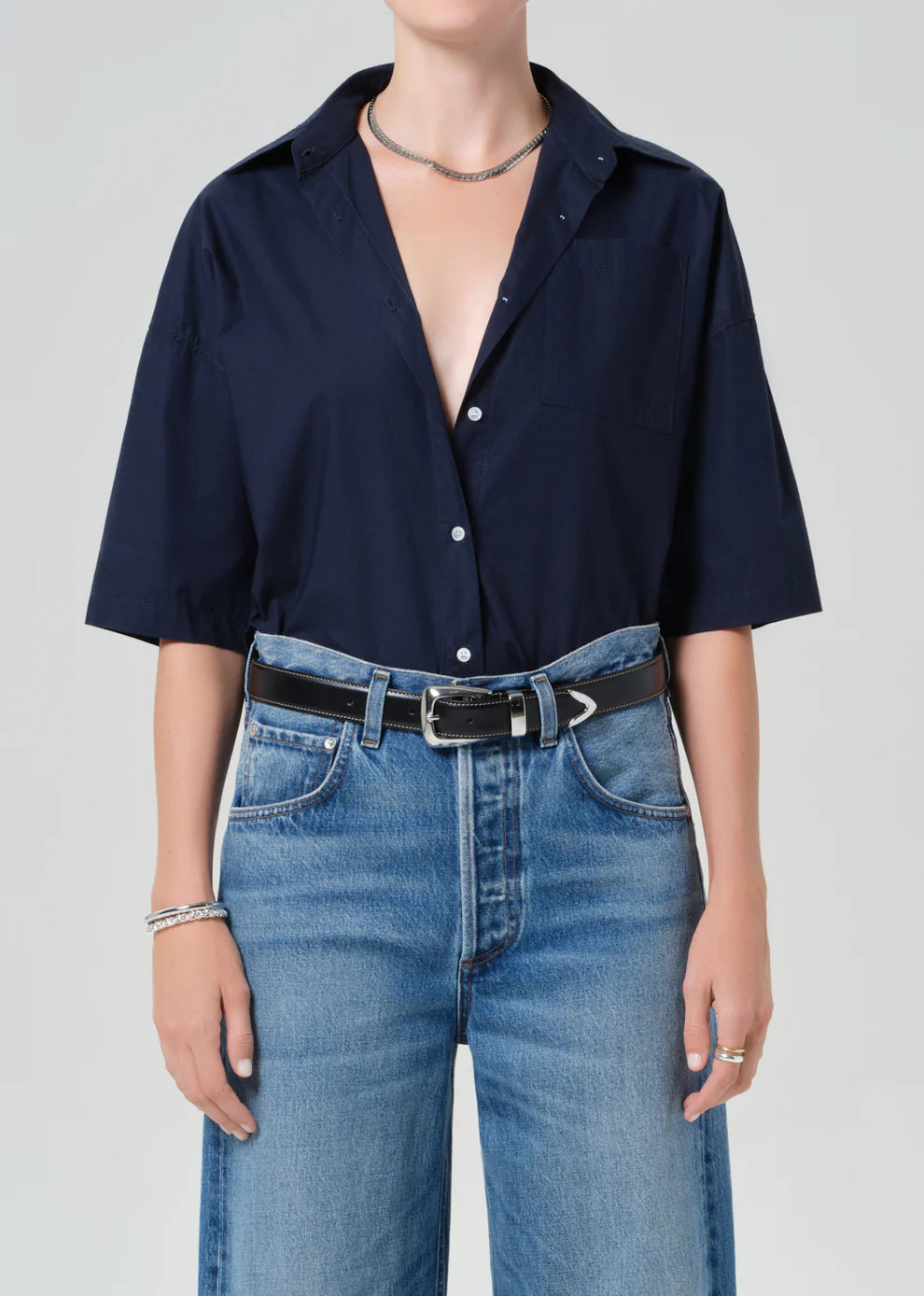 FRANCES CROPPED CAPE BUTTON UP IN NAVY