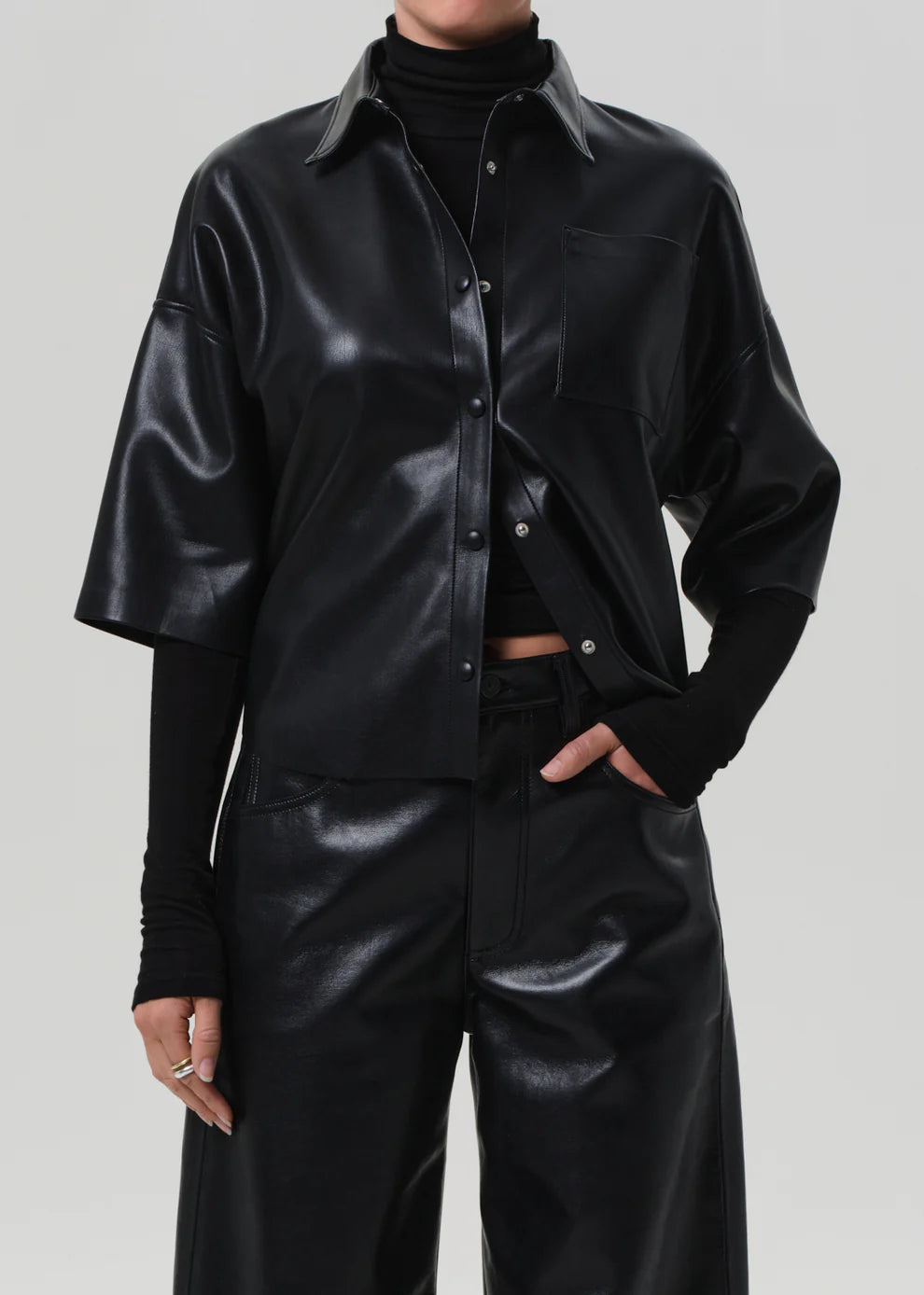 FRANCES CROPPED CAPE BUTTON UP IN VEGAN LEATHER