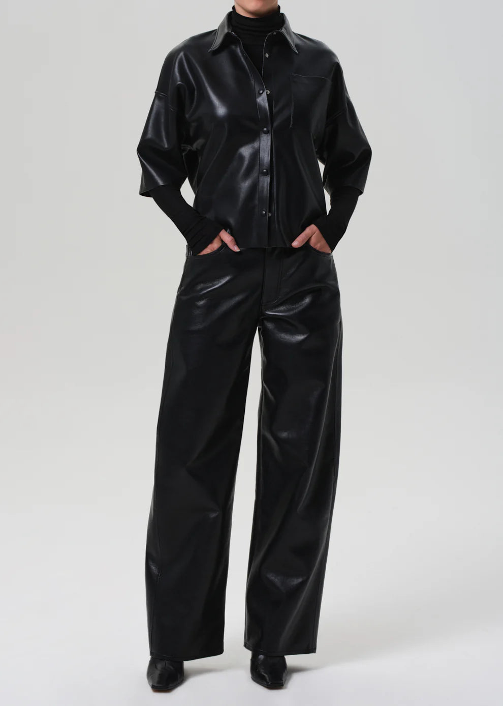 FRANCES CROPPED CAPE BUTTON UP IN VEGAN LEATHER