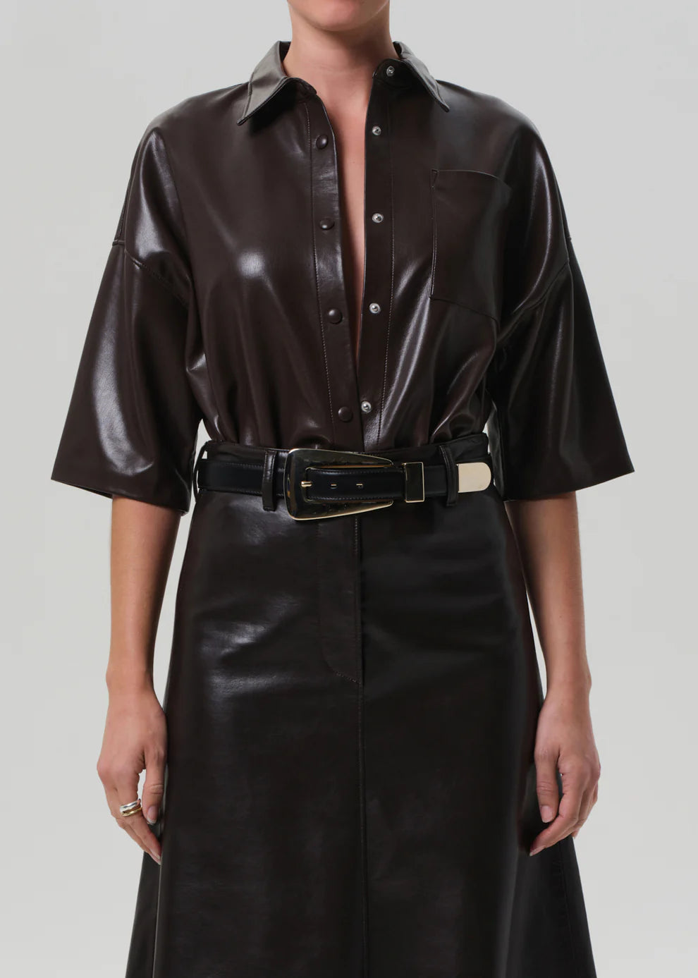FRANCES CROPPED CAPE BUTTON UP IN VEGAN LEATHER