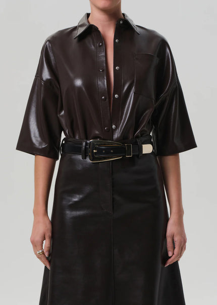 FRANCES CROPPED CAPE BUTTON UP IN VEGAN LEATHER