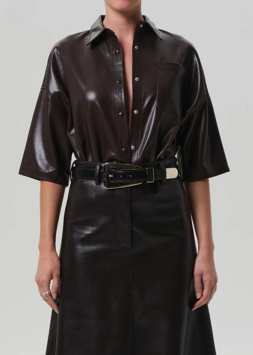 FRANCES CROPPED CAPE BUTTON UP IN VEGAN LEATHER