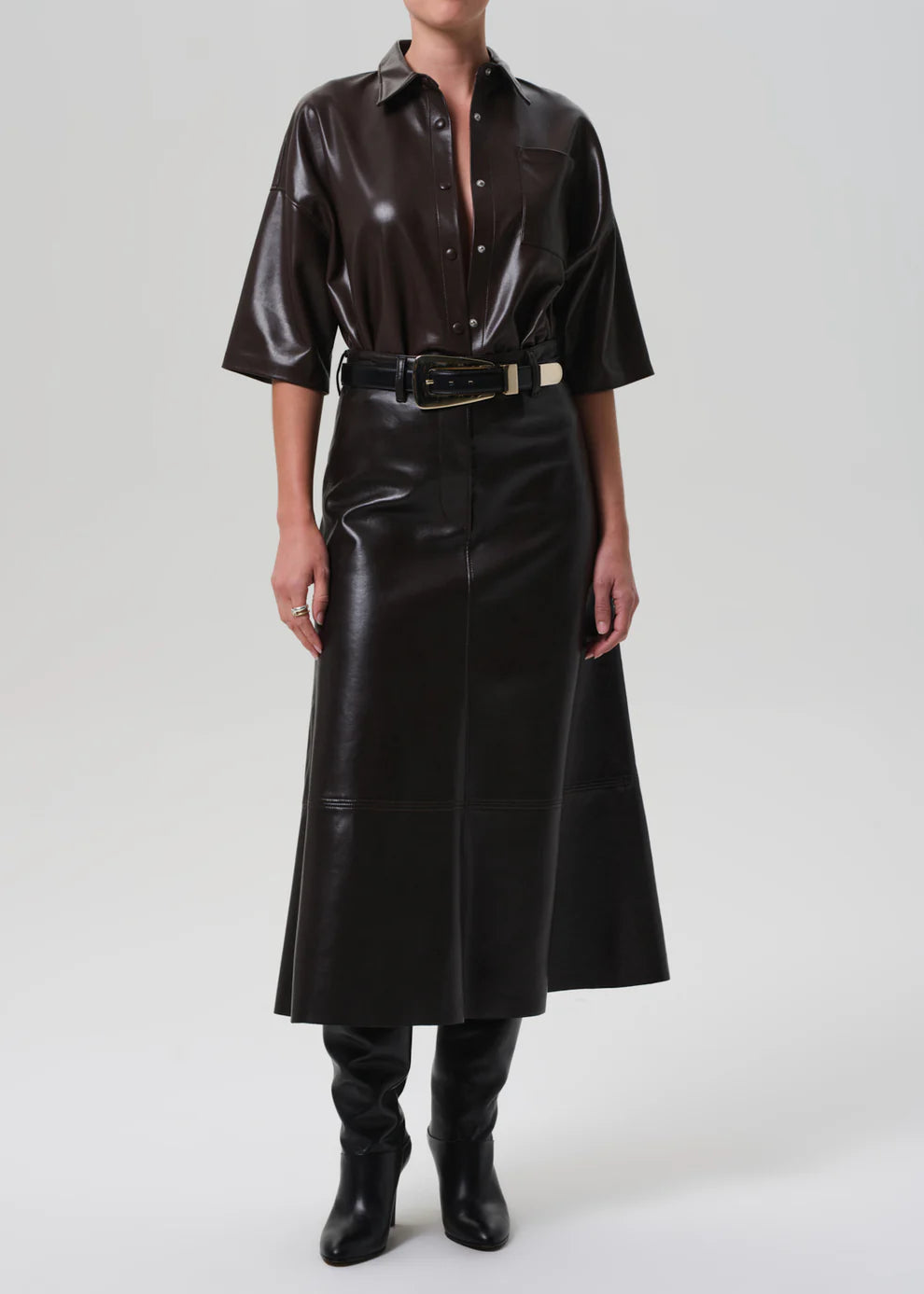 FRANCES CROPPED CAPE BUTTON UP IN VEGAN LEATHER