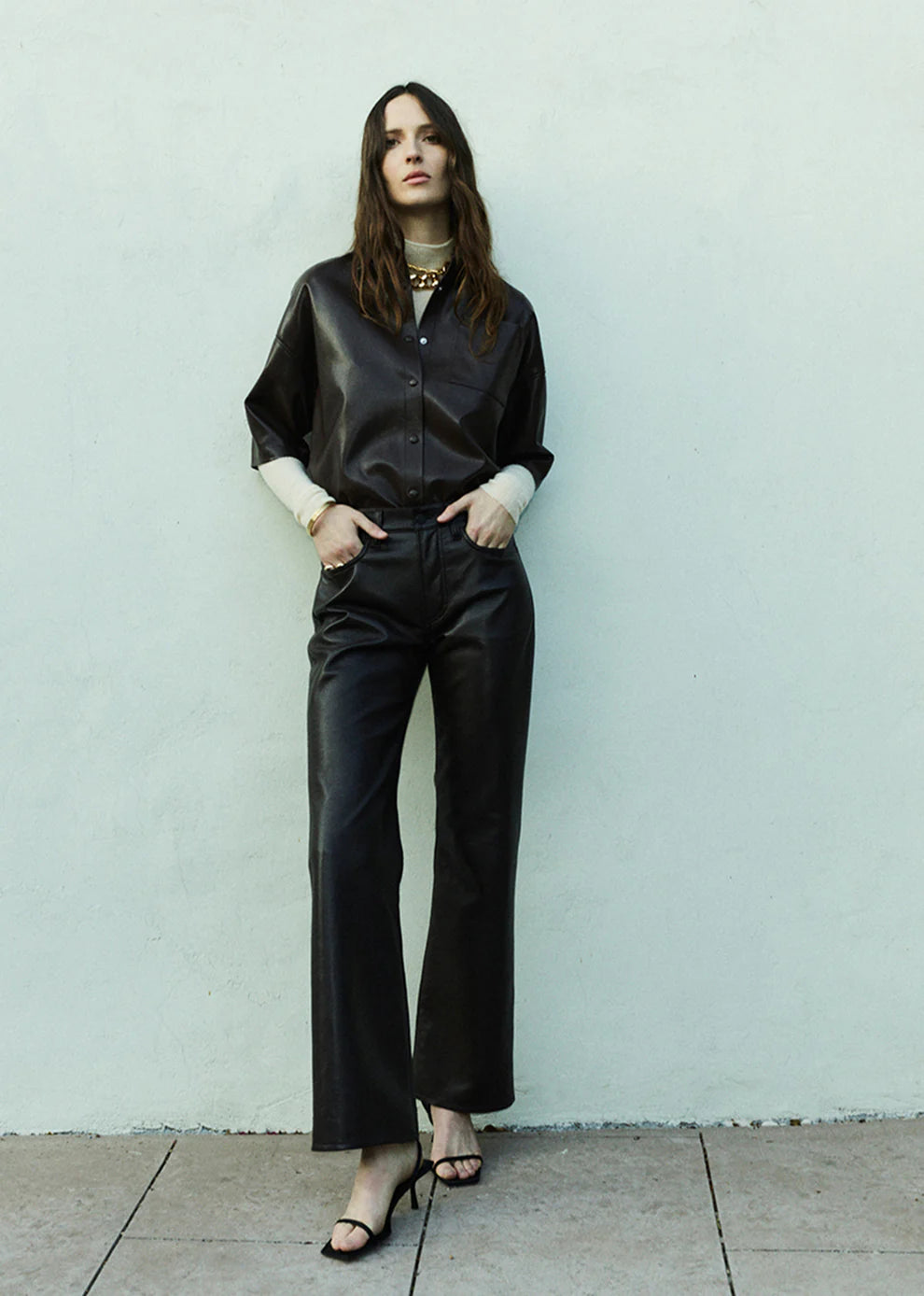 FRANCES CROPPED CAPE BUTTON UP IN VEGAN LEATHER