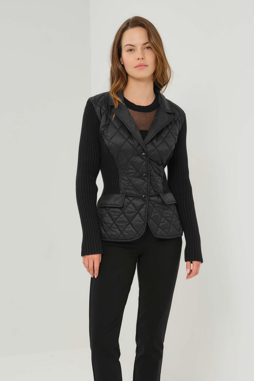 SORA MIXED MEDIA QUILTED FRONT 3 BUTTON BLAZER