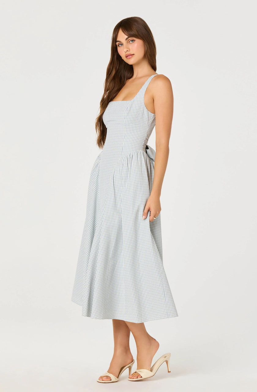 VINYA PLAID BOW BACK MIDI DRESS