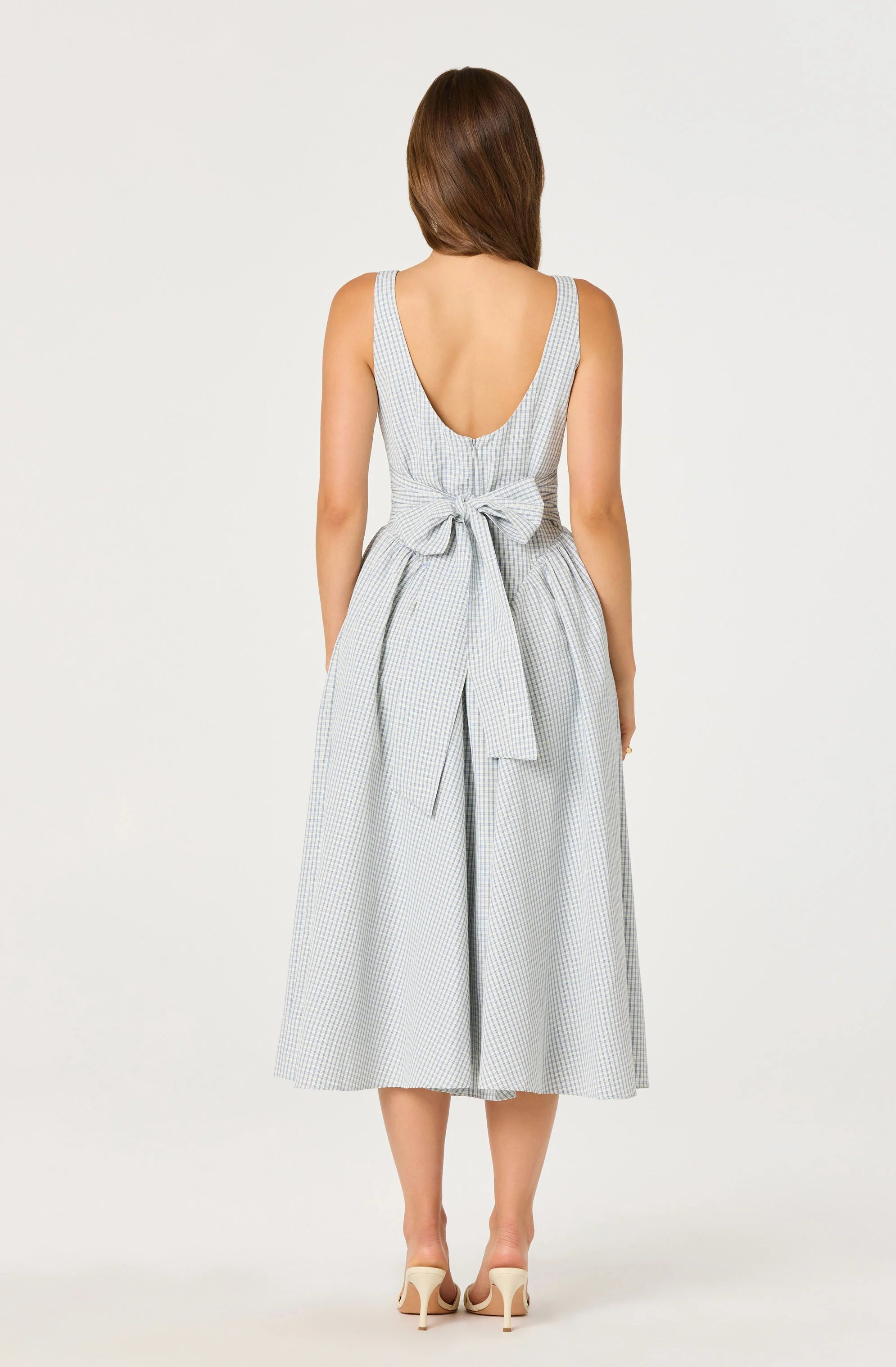 VINYA PLAID BOW BACK MIDI DRESS