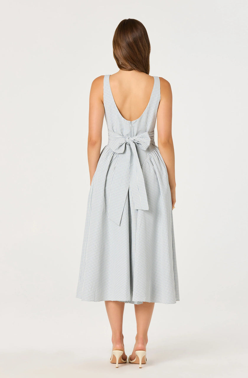 VINYA PLAID BOW BACK MIDI DRESS