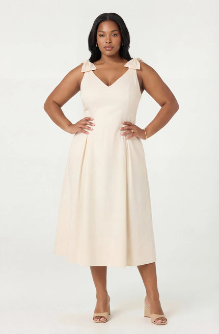 JOLEENA LINEN BOW STRAP MIDI DRESS