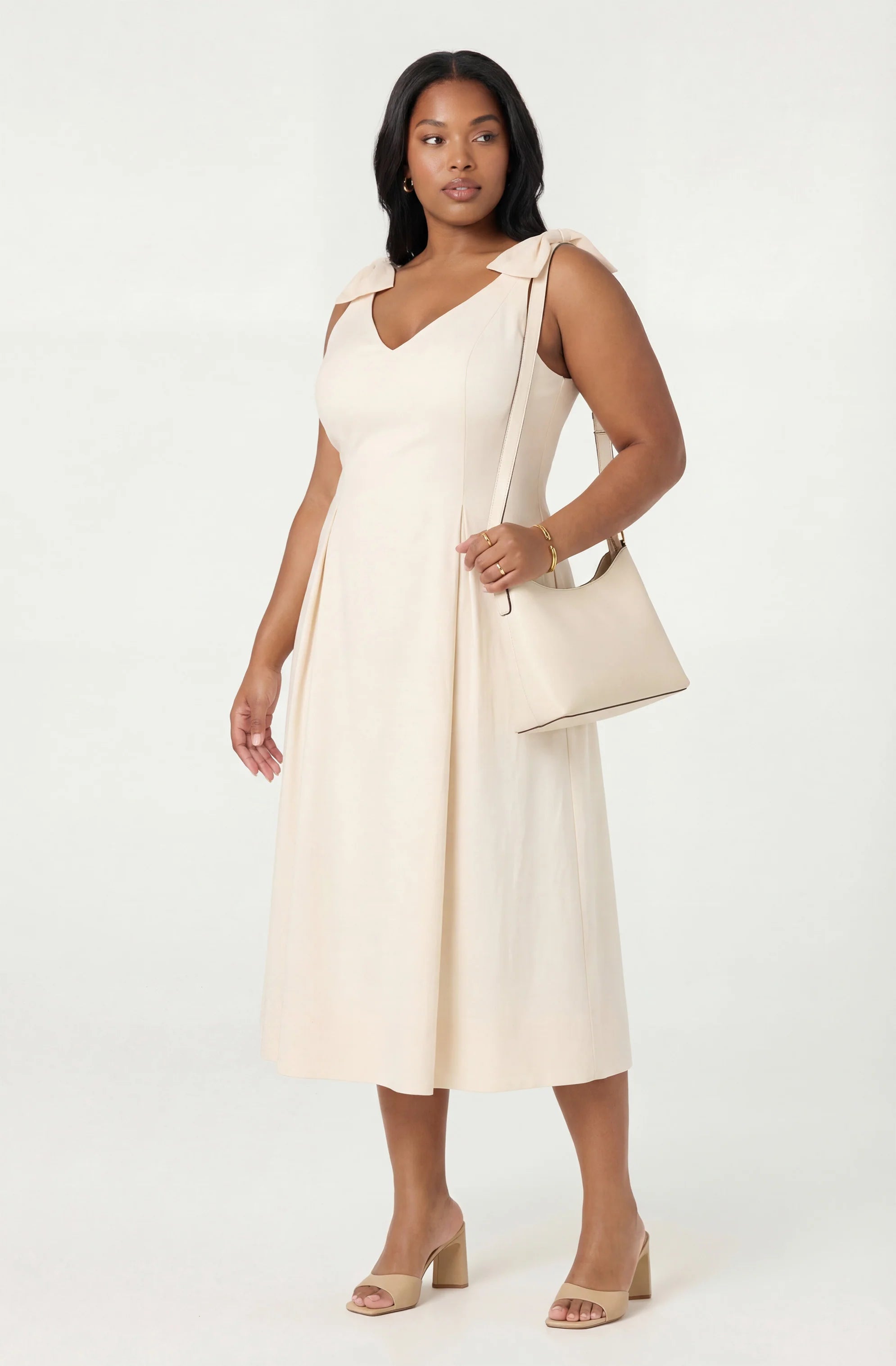 JOLEENA LINEN BOW STRAP MIDI DRESS