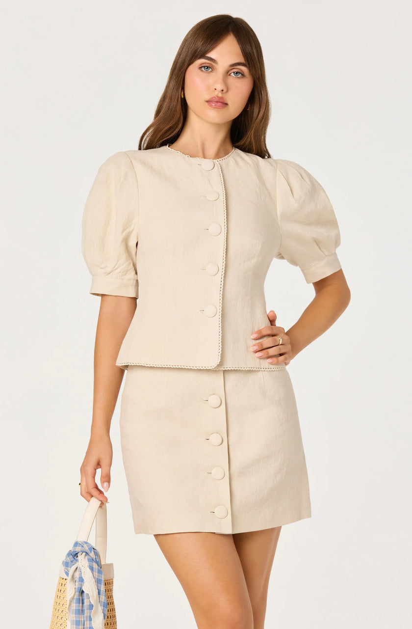 CAILEY CROCHET TRIM BUTTON FRONT MINI SKIRT IN NATURAL