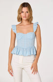 BAYLIN EYELET CORSET PEPLUM TOP IN BLUE PLAID