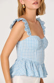 BAYLIN EYELET CORSET PEPLUM TOP IN BLUE PLAID