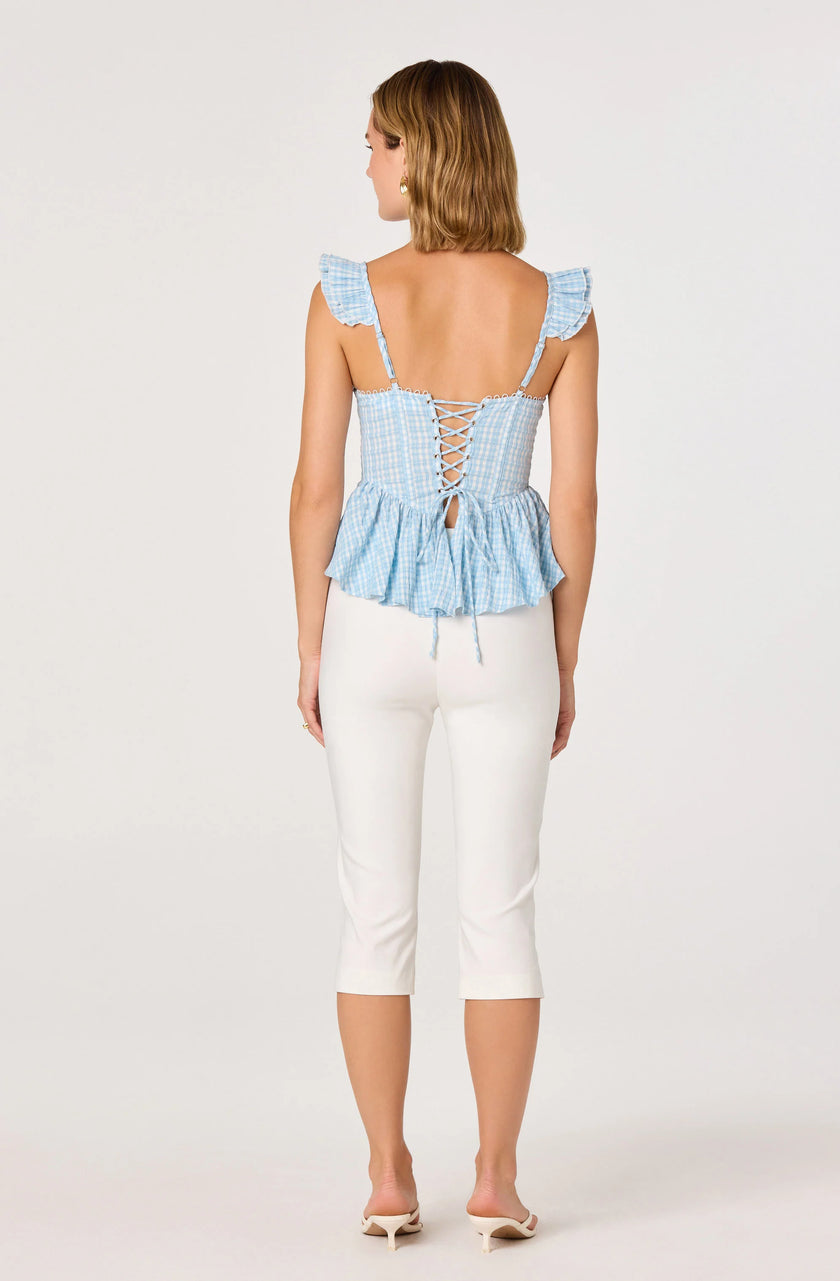 BAYLIN EYELET CORSET PEPLUM TOP IN BLUE PLAID