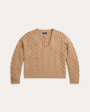 CABLE KNIT WOOL CASHMERE VNECK SWEATER