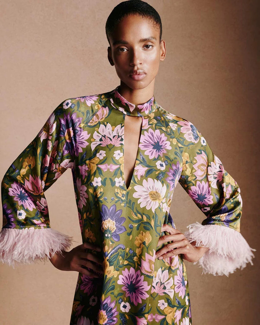 AVALON CREPE SATIN DRESS IN AMBRA FLORITA