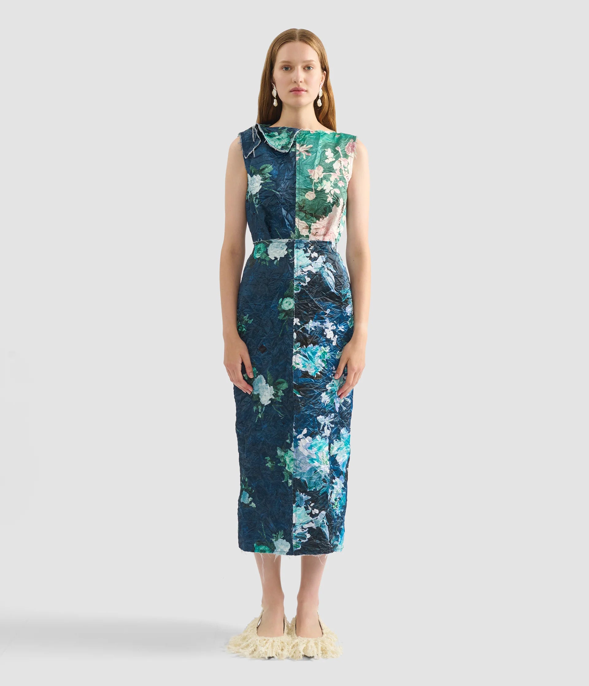 FLORAL PRINT TEXTURED SATIN MIDI DRESS