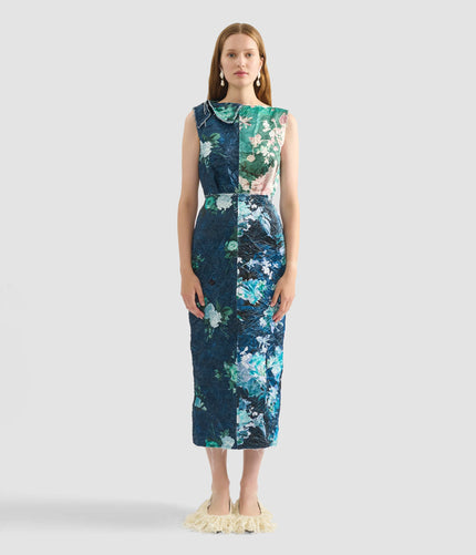 FLORAL PRINT TEXTURED SATIN MIDI DRESS