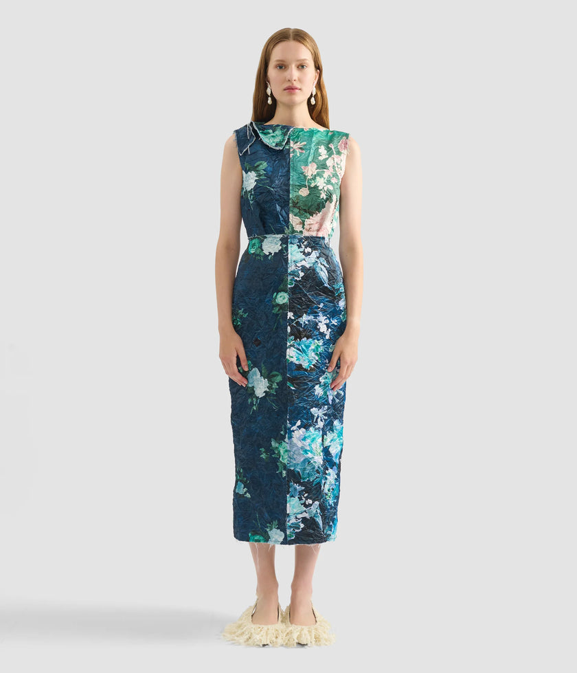 FLORAL PRINT TEXTURED SATIN MIDI DRESS