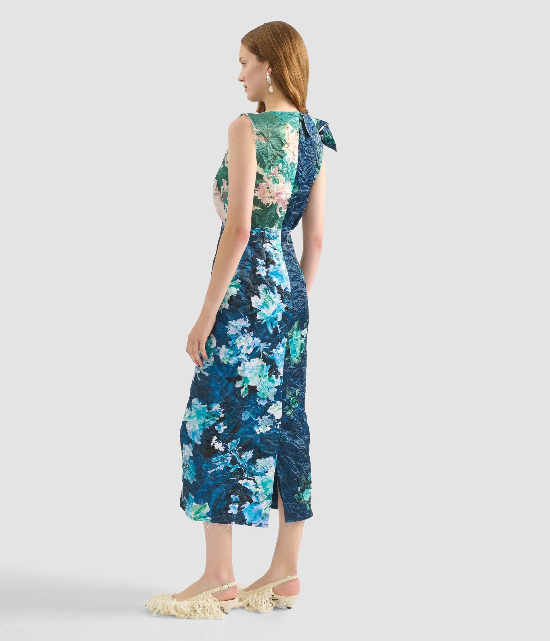 FLORAL PRINT TEXTURED SATIN MIDI DRESS