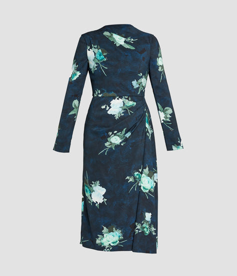 FLORAL PRINT DRAPED MIDI DRESS