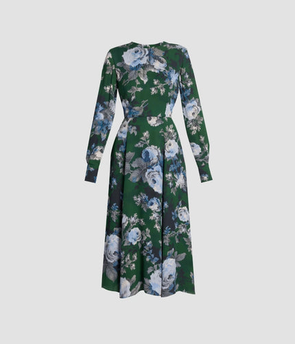 FLORAL CREPE LONG SLEEVE MIDI DRESS
