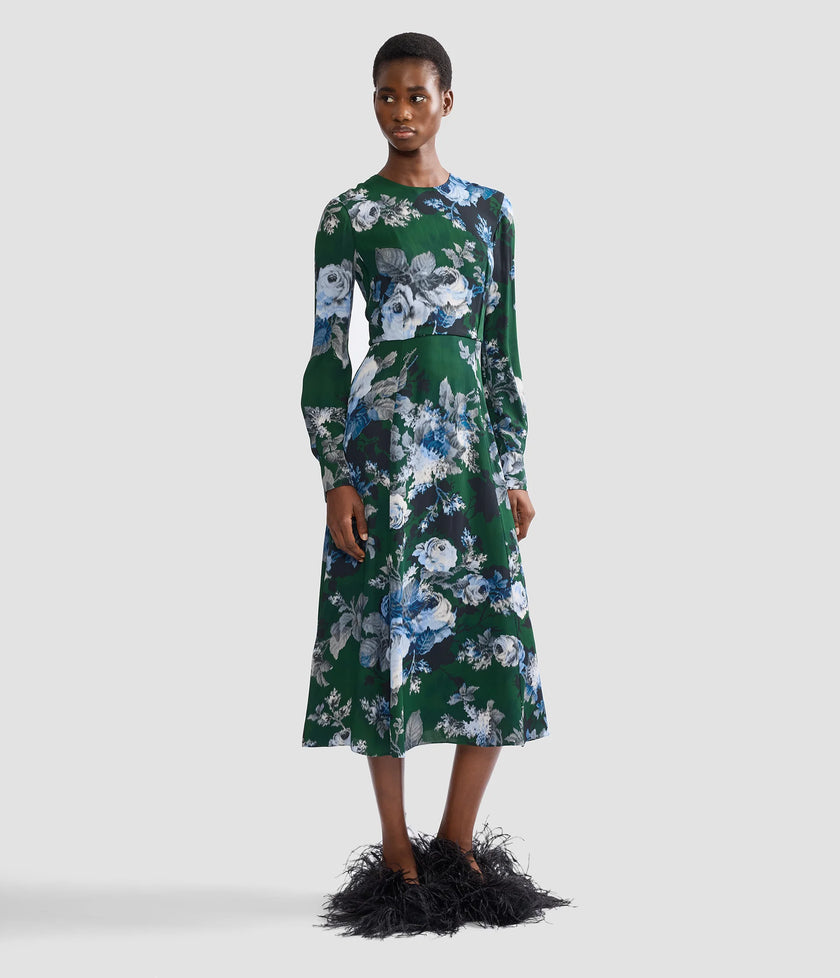 FLORAL CREPE LONG SLEEVE MIDI DRESS