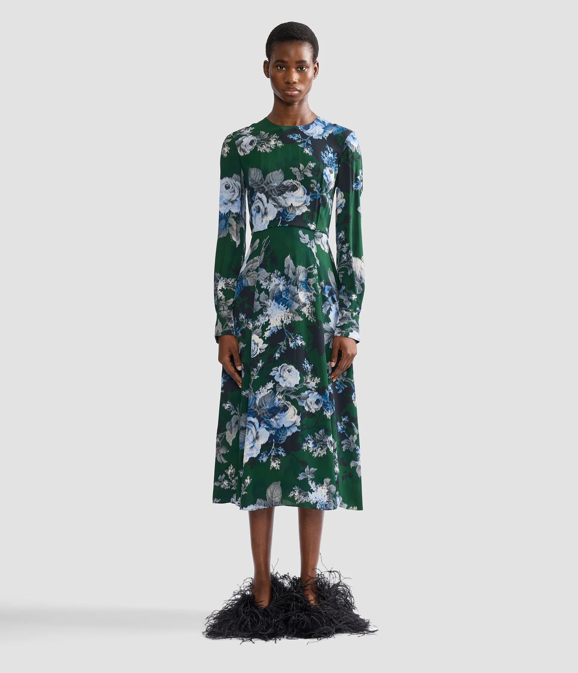 FLORAL CREPE LONG SLEEVE MIDI DRESS