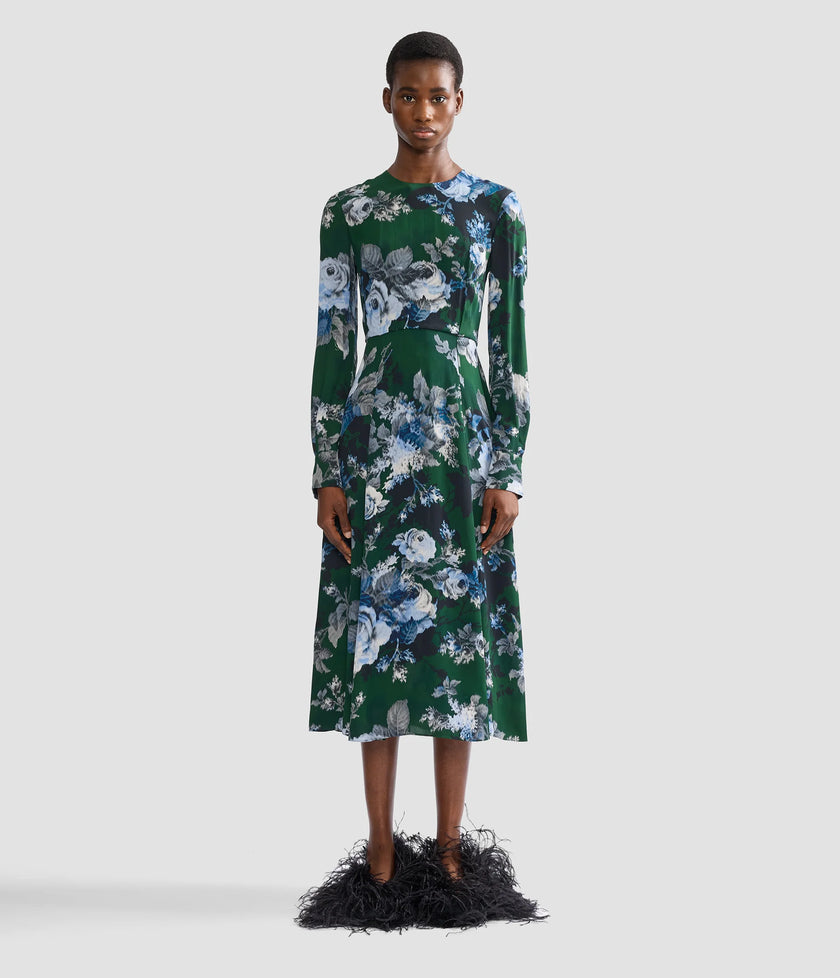 FLORAL CREPE LONG SLEEVE MIDI DRESS