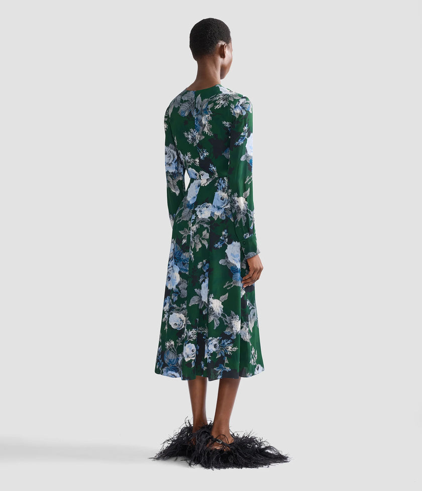 FLORAL CREPE LONG SLEEVE MIDI DRESS