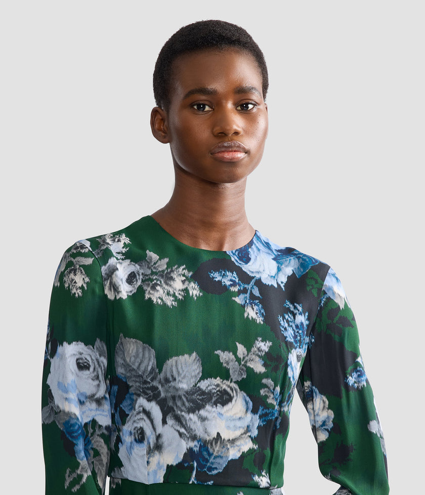FLORAL CREPE LONG SLEEVE MIDI DRESS