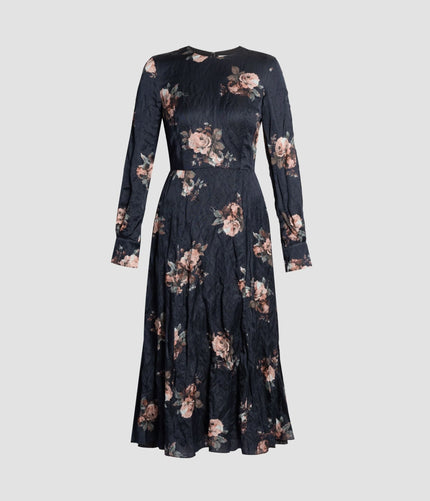 FLORAL CRUSHED SATIN LONG SLEEVE MIDI DRESS